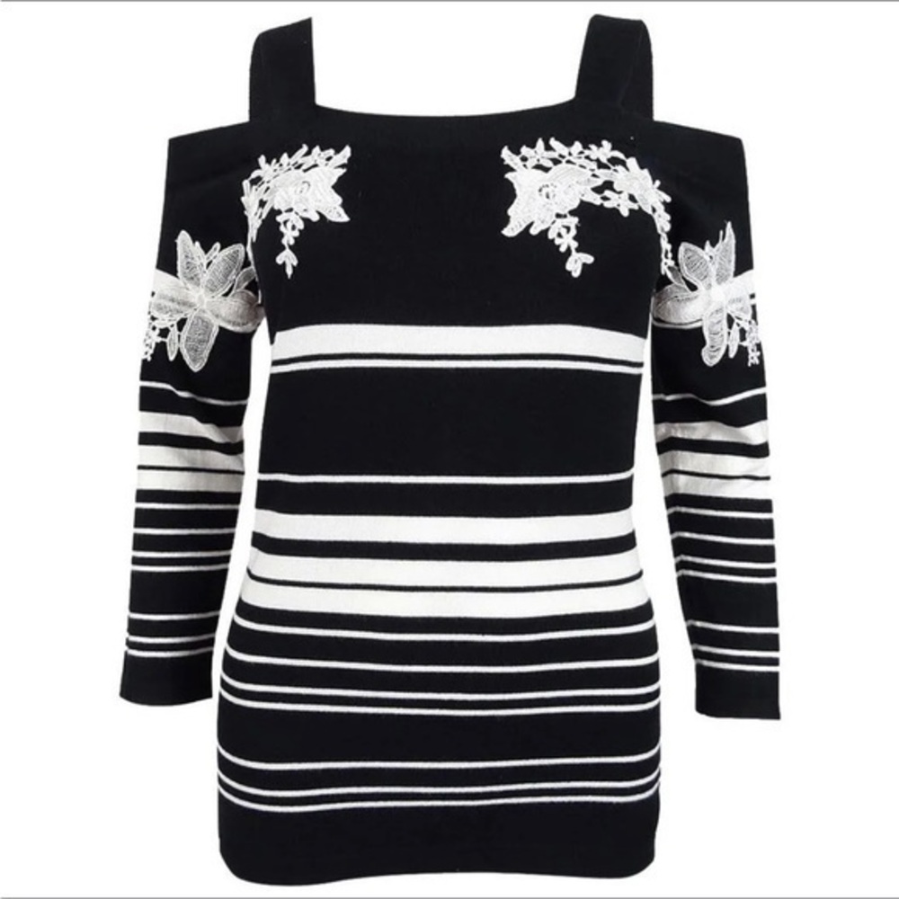 Women’s INC XXL Black White Striped Embroidered Cold Shoulder Sweater